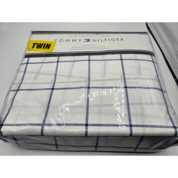 Tommy Hilfiger 3 pc Tull Sheet Set Blue Windowpane Blue White NWT - Picture 3 of 8
